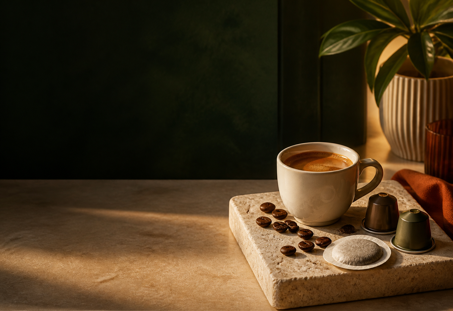 Espresso, capsule e cialda ESE in un angolo caffè contemporaneo